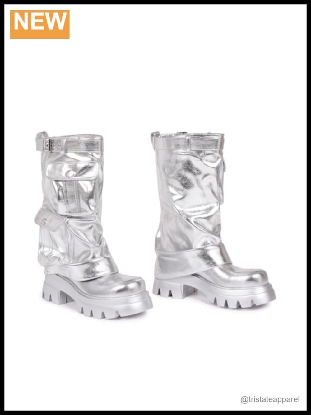 Faux Leather Cargo Pocket Round Toe Chunky Sole Buckle Boots